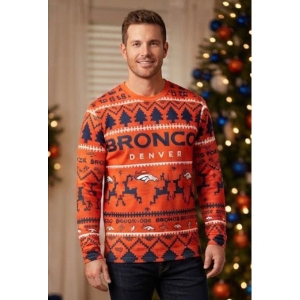 NFL Team Apparel Denver Broncos Mens Large Orange Holiday Long Sleeve Shirt